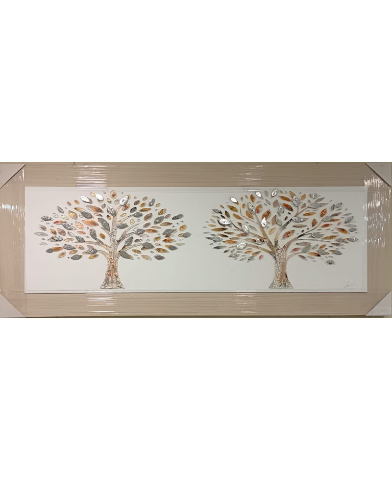 Obra de Arte Enmarcada: Dos Árboles con Hojas en Relieve Metálico, Estilo Contemporáneo