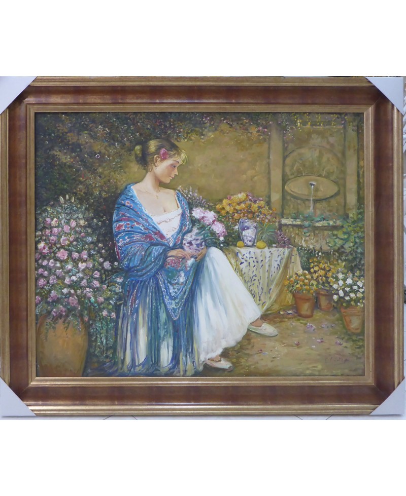 "Serenidad en el Jardín: Dama del Mantón Azul"