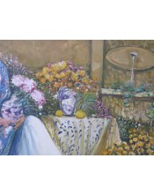 "Serenidad en el Jardín: Dama del Mantón Azul"