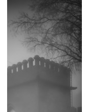 Misterio Invernal: Fotografía en Blanco y Negro de Castillo Nebuloso con Estrella