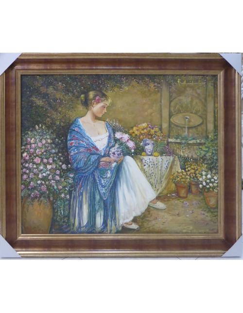 "Serenidad en el Jardín: Dama del Mantón Azul"