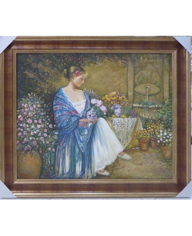 "Serenidad en el Jardín: Dama del Mantón Azul"