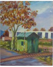 Lienzo pintado al oleo de un paso a nivel ferroviarío"La Espera Detenida"