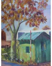 Lienzo pintado al oleo de un paso a nivel ferroviarío"La Espera Detenida"