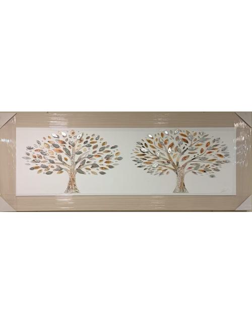 Obra de Arte Enmarcada: Dos Árboles con Hojas en Relieve Metálico, Estilo Contemporáneo