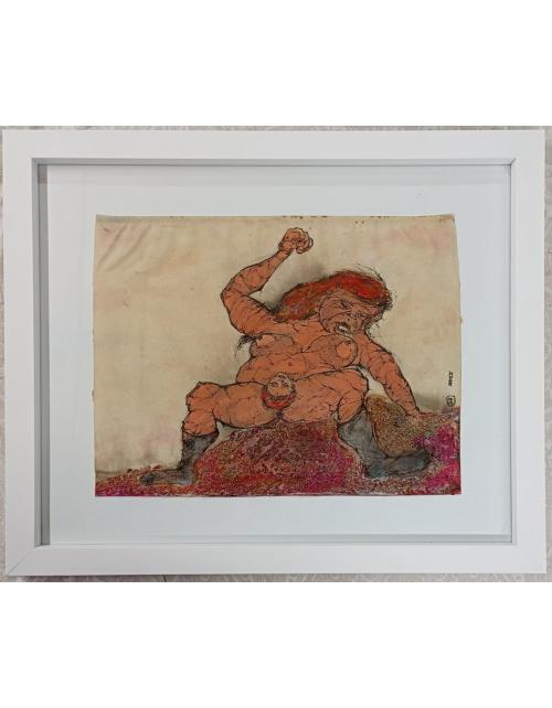 Pintura expresionista de Joan Ramos titulada "El Parto". Muestra una figura femenina grande y robusta en un acto de dar a luz, c