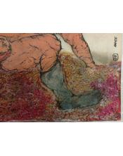 Pintura expresionista de Joan Ramos titulada "El Parto". Muestra una figura femenina grande y robusta en un acto de dar a luz, c