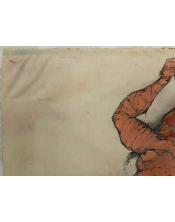 Pintura expresionista de Joan Ramos titulada "El Parto". Muestra una figura femenina grande y robusta en un acto de dar a luz, c