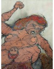 Pintura expresionista de Joan Ramos titulada "El Parto". Muestra una figura femenina grande y robusta en un acto de dar a luz, c