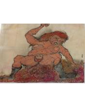 Pintura expresionista de Joan Ramos titulada "El Parto". Muestra una figura femenina grande y robusta en un acto de dar a luz, c