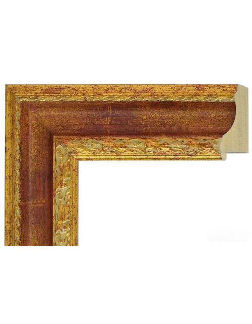 Marco a medida en madera de alta calidad con acabado oro envejecido y franja granate.